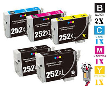 5 Piece Bulk Set Epson T252XL High Yield combo Ink Cartridges Remanufactured